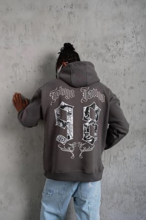 Erkek 3 İplik Pamuklu Kapüşonlu Baskılı Cepli Oversize Sweatshirt Hoodie - Gri