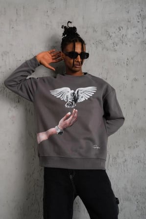 Erkek Güvercin Baskılı 3 İplik Pamuklu Bisiklet Yaka Sweatshirt - Gri