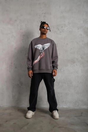 Erkek Güvercin Baskılı 3 İplik Pamuklu Bisiklet Yaka Sweatshirt - Gri