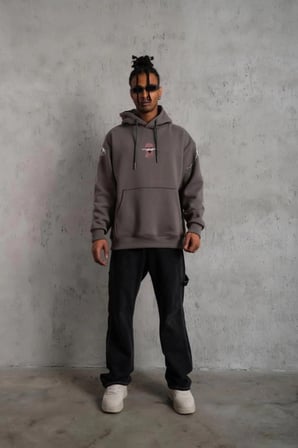 Erkek 3 İplik Pamuklu Kapüşonlu Baskılı Cepli Oversize Sweatshirt Hoodie - Gri