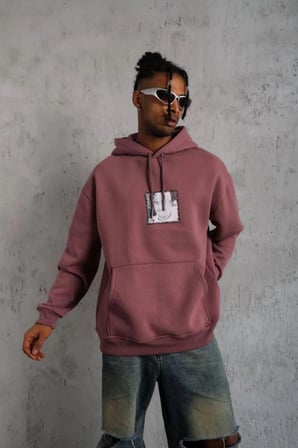 Erkek 3 İplik Pamuklu Kapüşonlu Baskılı Cepli Sweatshirt Hoodie - Gül Kurusu