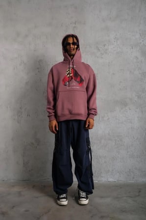 Erkek Kapüşonlu Cepli Box Eldiven Baskılı 3 İplik Sweatshirt Hoodie - Gül Kurusu