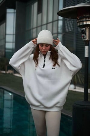 Kadın Yarım Fermuarlı Üç İplik Şardonlu Pamuklu Sweatshirt - Beyaz