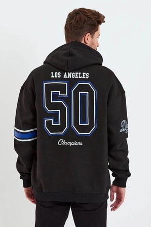 Erkek 3 İplik Pamuklu Kapüşonlu Baskılı Cepli Oversize Sweatshirt Hoodie - Siyah