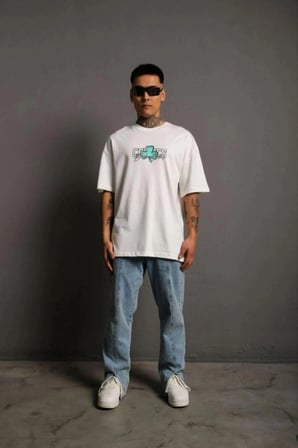 Erkek Kısa Kol Yazlık Tişört Bisiklet Yaka Baskılı Oversize T-shirt - Beyaz