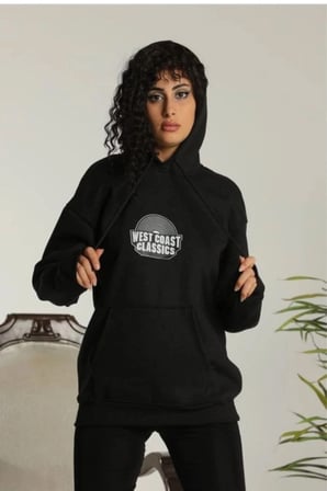 Kadın Oversize Kapüşonlu Cepli Baskılı 3 İplik Pamuklu Hoodie Sweatshirt - Siyah