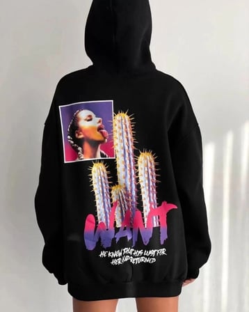 Kadın Oversize Kapüşonlu Cepli Want Baskılı 3 İplik Pamuklu Hoodie Sweatshirt - Siyah