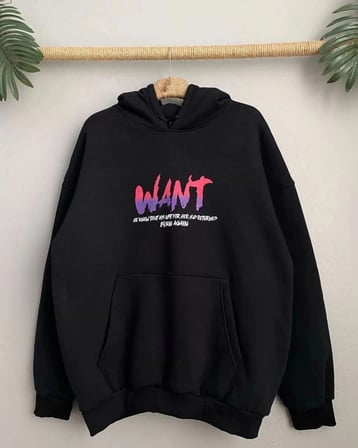 Kadın Oversize Kapüşonlu Cepli Want Baskılı 3 İplik Pamuklu Hoodie Sweatshirt - Siyah