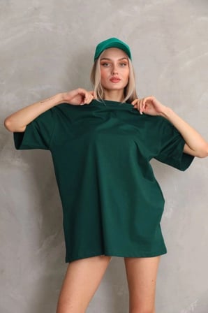 Kadın Düz  kısa Kol Penye T-shirt- Yeşil