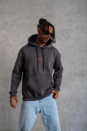 Erkek Kordonlu Arka Maske Kordon Saçlı 3 İplik Pamuklu Kapüşonlu Sweatshirt - Füme