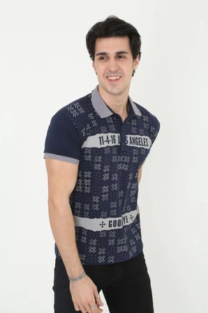 Erkek Polo Yaka  Tişört Slim Fit Baskılı kısa Kol T-shirt - Lacivert