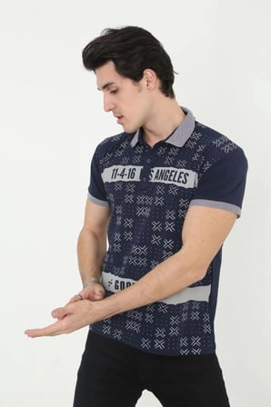 Erkek Polo Yaka  Tişört Slim Fit Baskılı kısa Kol T-shirt - Lacivert