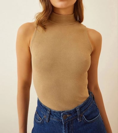 Kadın Full Likralı Fitilli Kaşkorse Body - Camel