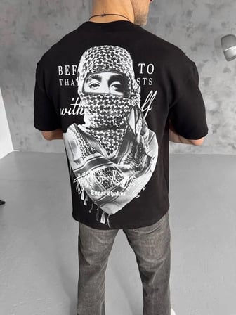 Erkek Kısa Kol Tişört Bisiklet Yaka Filistin Poşulu Baskılı T-shirt - Siyah