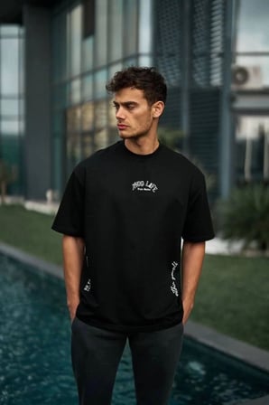 Erkek Kısa Kol Tişört Bisiklet Yaka Filistin Poşulu Baskılı T-shirt - Siyah