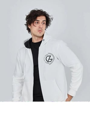 Erkek 3 İplik Pamuklu Fermuarlı Kapüşonlu Kanguru Cepli Baskılı Hoodie Hırka Sweatshirt - Beyaz