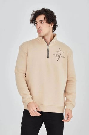 Erkek Yarım Fermuarlı Baskılı 3 İplik Pamuklu Sweatshirt - Bej