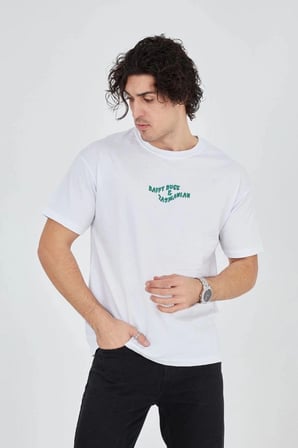 Erkek Baskılı T-shirt Kısa Kol Bisiklet Yaka Regular Fit Rahat Kalıp Günlük Tişört - Beyaz