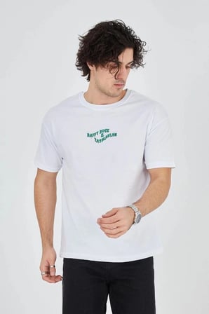 Erkek Baskılı T-shirt Kısa Kol Bisiklet Yaka Regular Fit Rahat Kalıp Günlük Tişört - Beyaz
