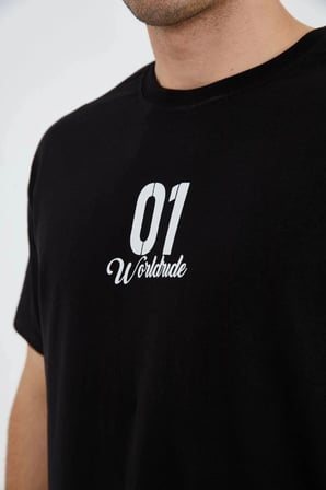Erkek Baskılı T-shirt Kısa Kol Bisiklet Yaka Regular Fit Rahat Kalıp Günlük Tişört - Siyah