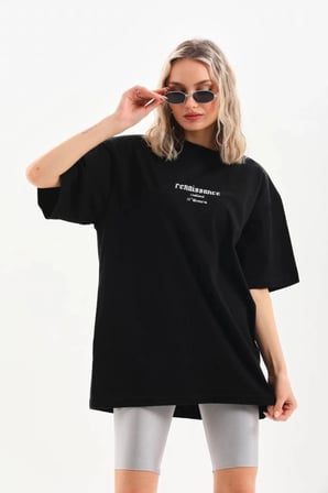 Kadın Baskılı Oversize Kısa Kol T-shirt - Siyah