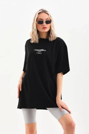 Kadın Baskılı Oversize Kısa Kol T-shirt - Siyah