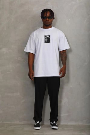 Erkek Kısa Kol Yazlık Tişört Bisiklet Yaka Baskılı Oversize T-shirt - Beyaz