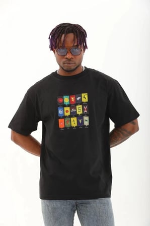 Erkek Kısa Kol Baskılı Bisiklet Yaka T-shirt - Siyah