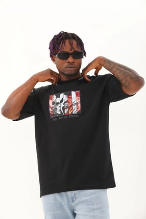 Erkek Baskılı T-shirt Kısa Kol Bisiklet Yaka Regular Fit Rahat Kalıp Günlük Tişört - Siyah