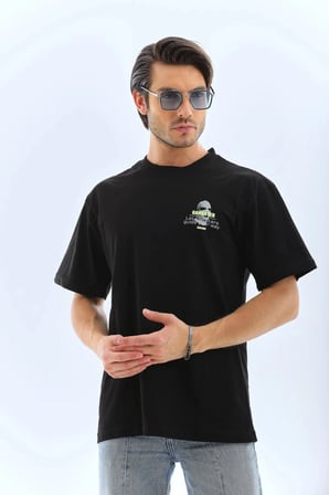 Erkek Baskılı Bisiklet Yaka Kısa Kol T-shirt - Siyah