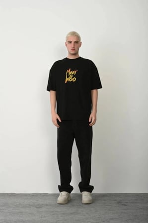 Erkek Baskıkı Kısa Kok Bisiklet Yaka T-shirt - Siyah