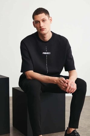 Erkek Baskılı T-shirt Kısa Kol Bisiklet Yaka Regular Fit Rahat Kalıp Tişört - Siyah