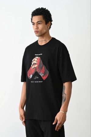 Erkek Boxy Eldiven Baskılı T-shirt Kısa Kol Bisiklet Yaka Tişört - Siyah