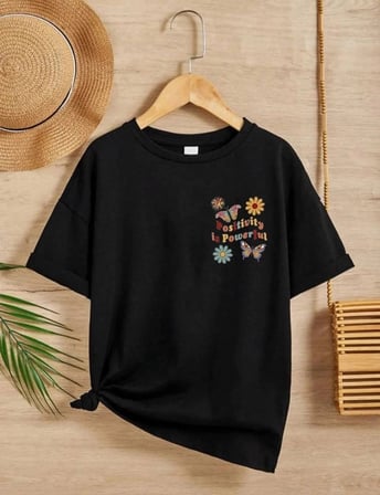 Kız Çocuk Bisiklet Yaka Baskılı T-shirt - Siyah