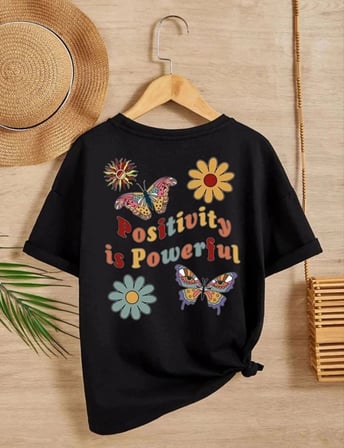 Kız Çocuk Bisiklet Yaka Baskılı T-shirt - Siyah