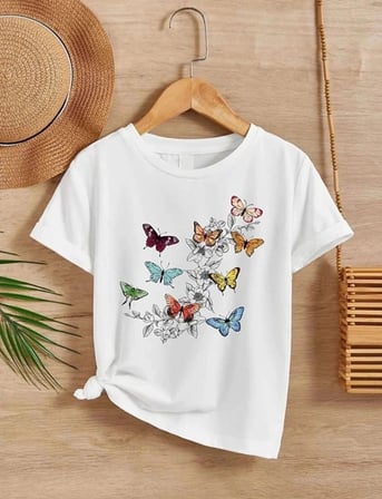 Kız Çocuk Bisiklet Yaka Baskılı T-shirt - Beyaz