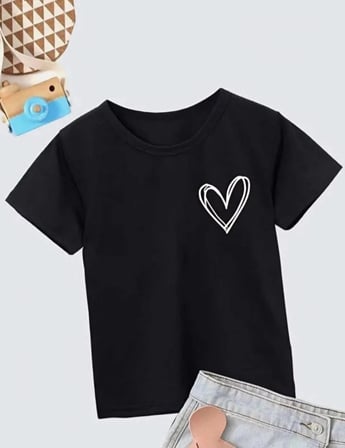 Kız Çocuk Bisiklet Yaka Baskılı T-shirt - Siyah