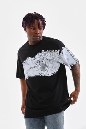 Erkek  Bisiklet Yaka Baskılı Oversize T-shirt - Siyah