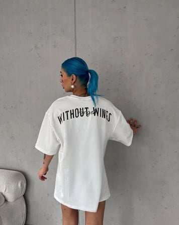 Kadın Kısa Kol Yazlık Tişört Bisiklet Yaka Baskılı Oversize T-shirt - Beyaz