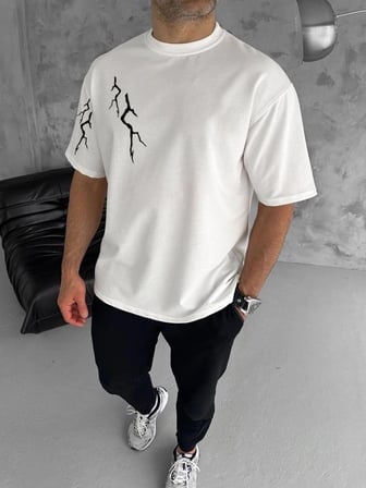 Erkek Kısa Kol Tişört Bisiklet Yaka Yıldırım Baskılı Oversize T-shirt - Beyaz