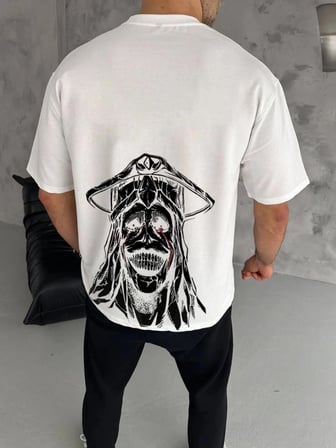 Erkek Kısa Kol Tişört Bisiklet Yaka Yıldırım Baskılı Oversize T-shirt - Beyaz