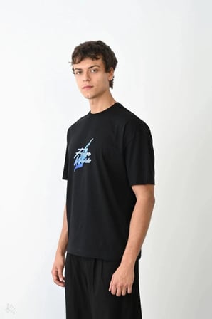 Erkek Kısa Kol Yazlık Tişört Bisiklet Yaka Baskılı Oversize T-shirt - Siyah