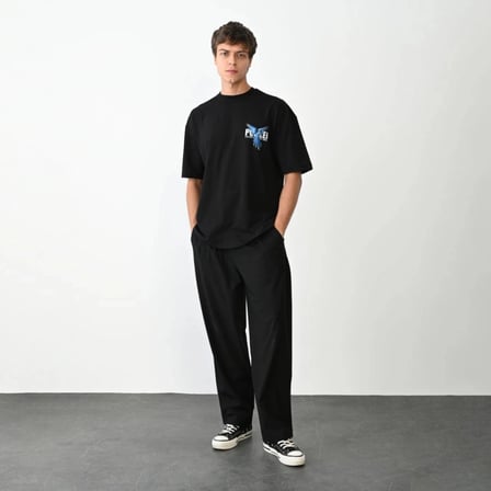 Erkek Baskılı T-shirt Kısa Kol Bisiklet Yaka Regular Fit Rahat Kalıp Günlük Tişört - Siyah