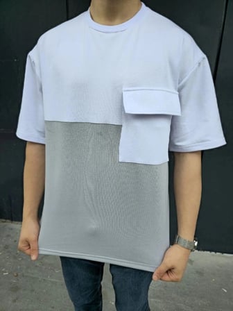 Erkek Kısa Kol Yazlık Tişört Torba Cepli Parçalı T-shirt - Gri