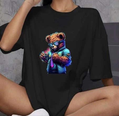 Kadın Baskılı T-shirt Kısa Kol Bisiklet Yaka Oversize Rahat Kalıp Günlük Tişört   - Siyah