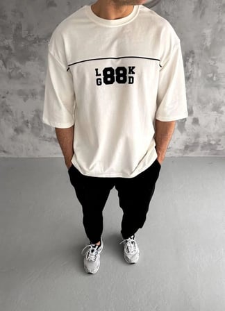 Erkek Kısa Kol Yazlık Tişört Bisiklet Yaka Baskılı Oversize T-shirt - Beyaz
