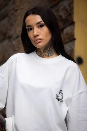 Kadın Tişort Bisiklet Yaka Baskılı Yazlık Kısa Kol Oversize T-shirt - Beyaz