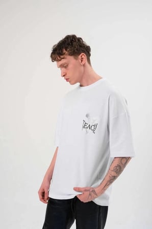 Erkek Kısa Kol Yazlık Tişört Bisiklet Yaka Baskılı Oversize T-shirt - Beyaz