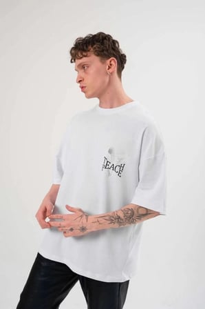 Erkek Kısa Kol Yazlık Tişört Bisiklet Yaka Baskılı Oversize T-shirt - Beyaz