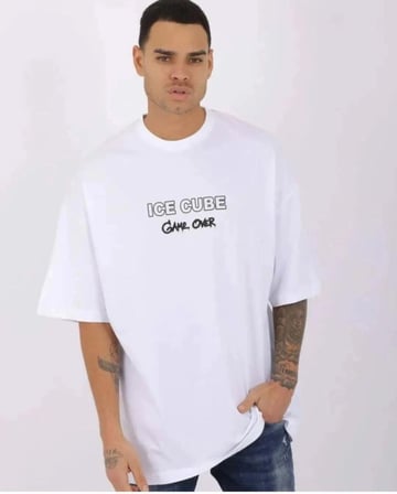 Erkek Kısa Kol Yazlık Tişört Bisiklet Yaka Baskılı Oversize T-shirt - Beyaz
